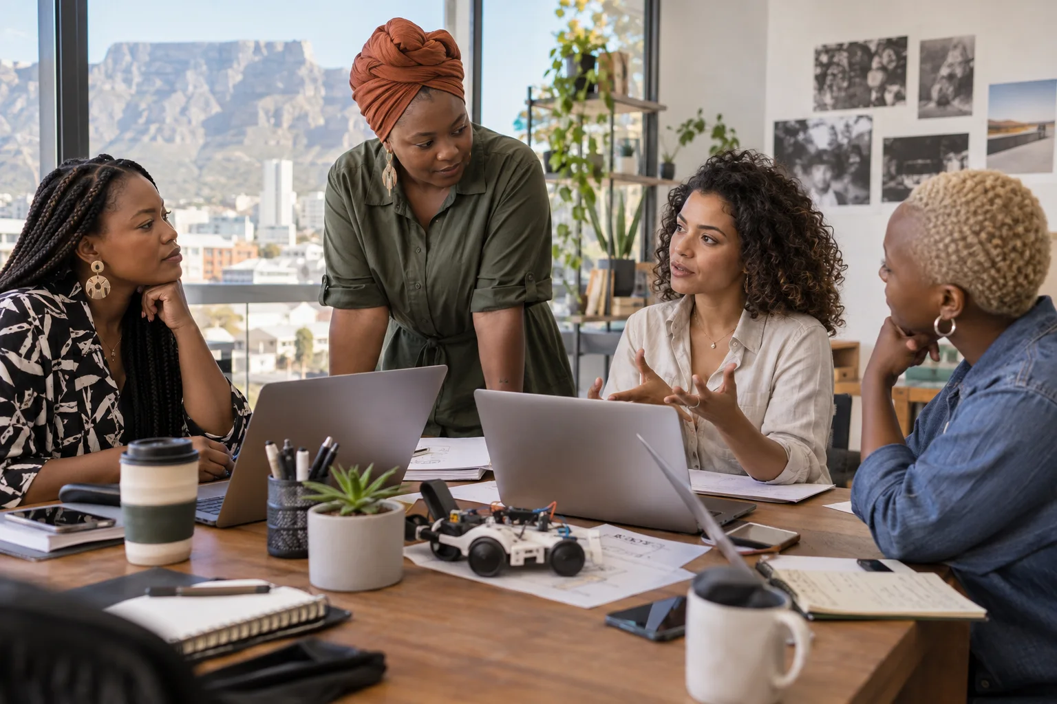 A diverse group of adult South African women discussing technology entrepreneurship around a collaborative studio table