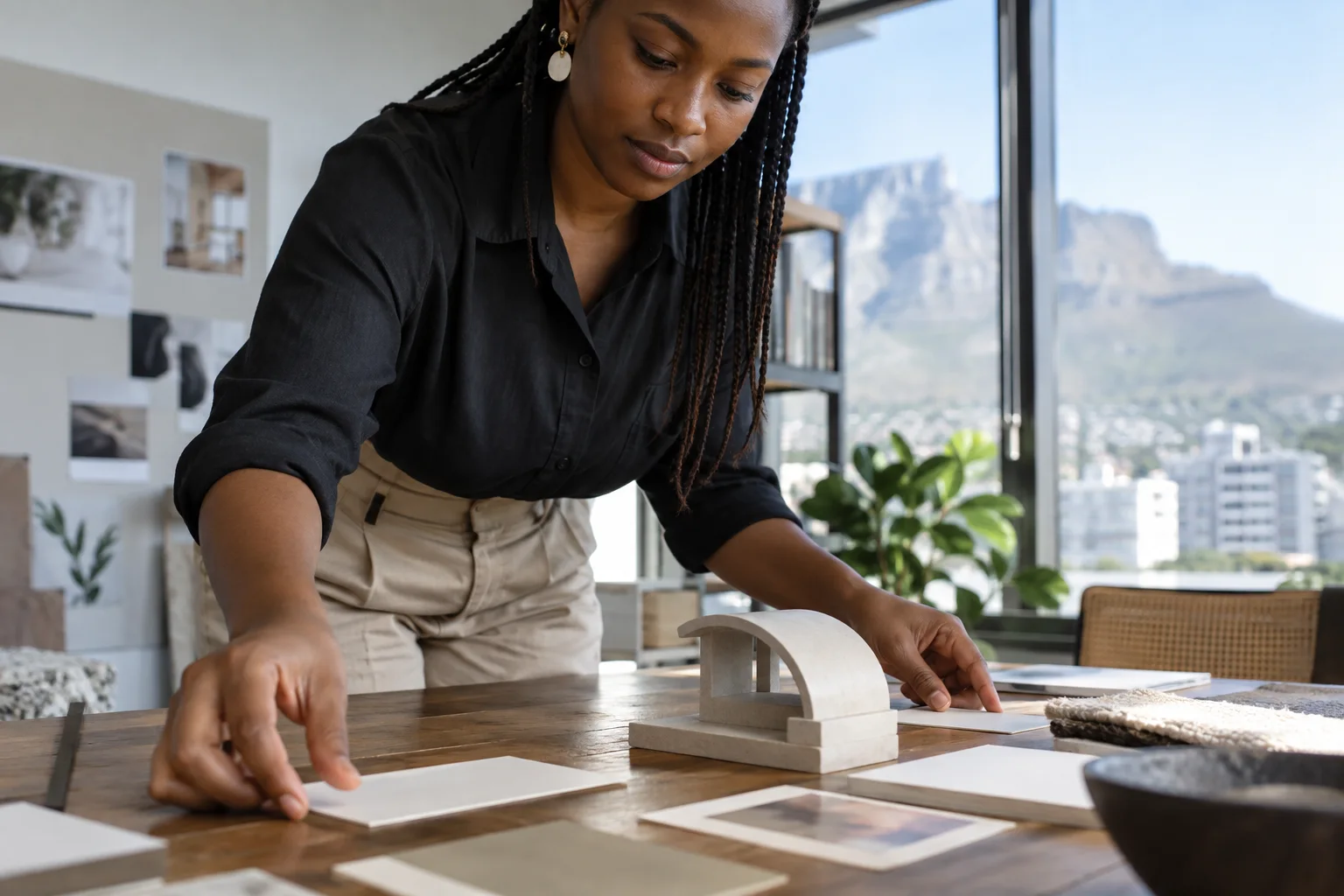 Close-up of a woman's hands organising a small prototype and plain presentation cards before a pitch