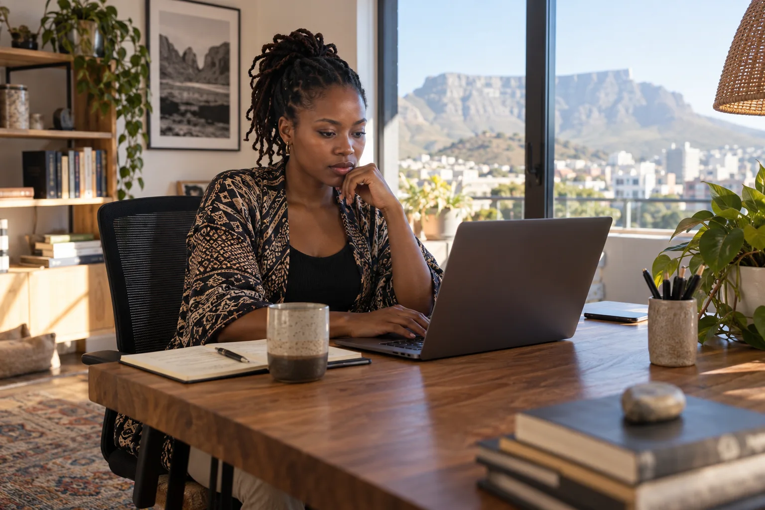 A focused South African female software founder working alone in a calm home office, soft morning daylight