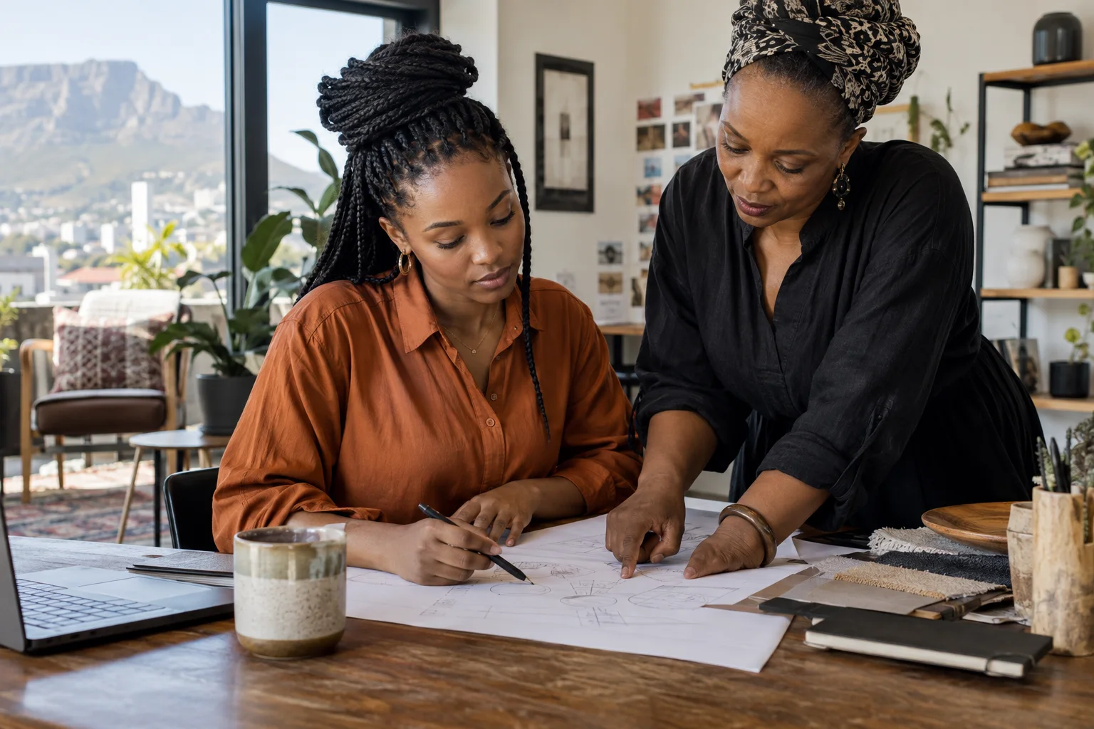 A South African woman founder and a mentor reviewing the next step on a paper sketch, natural professional moment