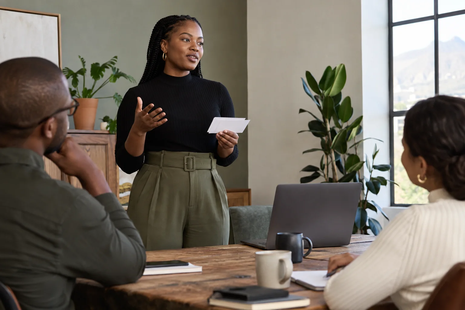 A woman founder rehearsing a pitch with blank cue cards in a simple meeting space, candid editorial scene